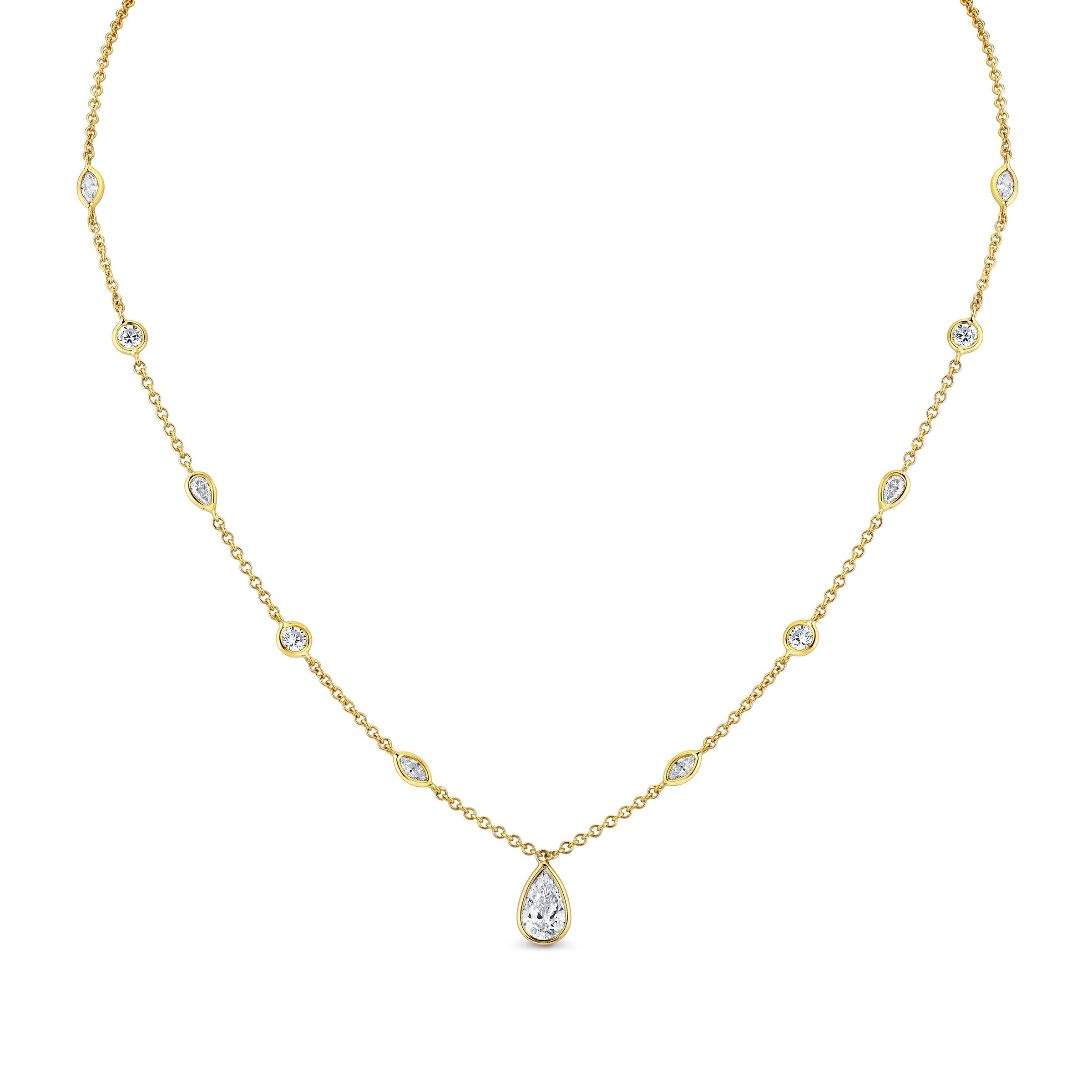 Station Necklace with Pear Shape Diamond Pendant