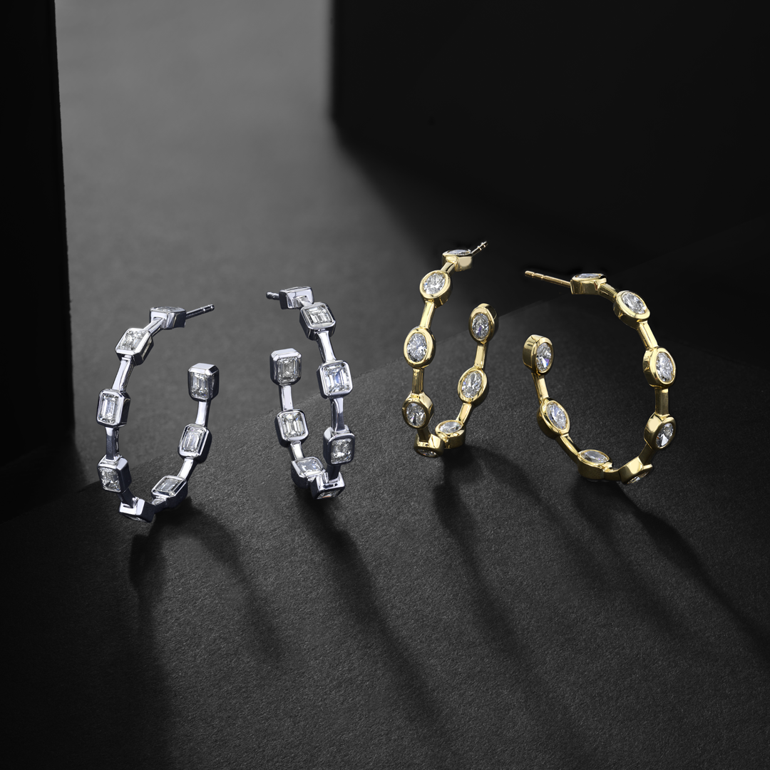Oval Diamond Bezel Set Hoop Earrings