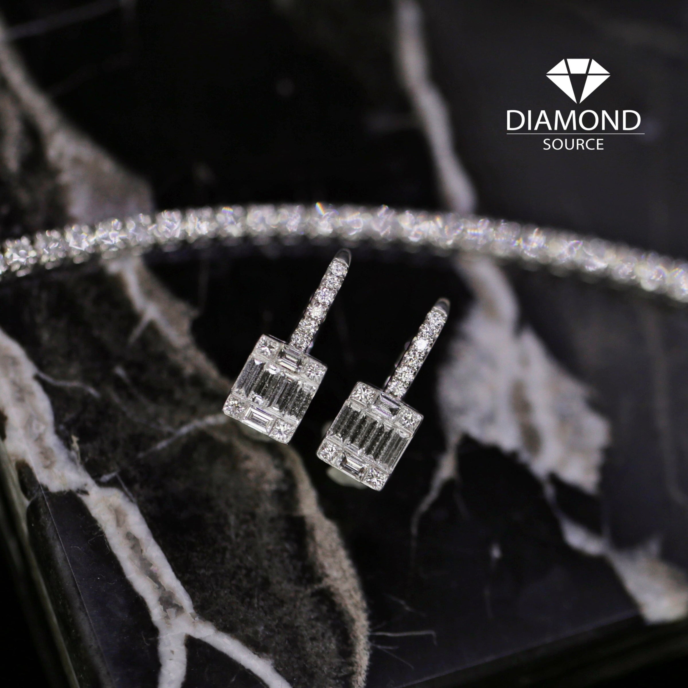 1.50ct. Diamond Earrings Set In 14K White Gold, Round & Baguette Cut