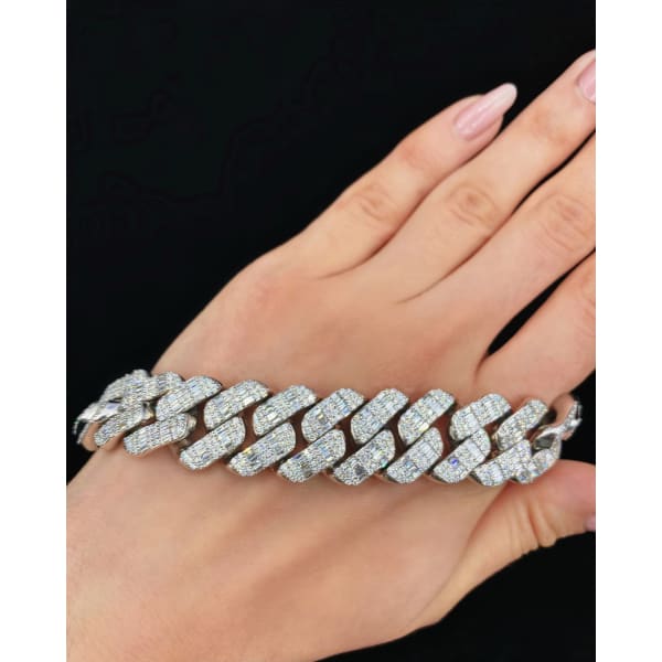 13.60ct. Natural Diamond Cuban Bracelet Set In 14K White Gold, Round Brilliant & Emerald Cut