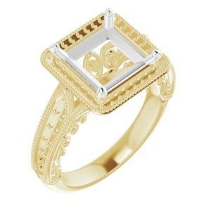 14K Yellow & White 8x8 mm Square Vintage-Inspired Halo-Style Engagement Ring Mounting