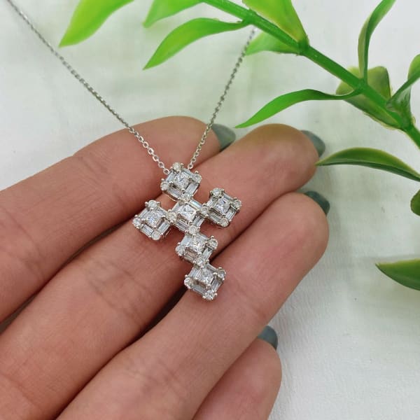 1.0ct. Natural Diamond Cross Pendant Set In 14K White Gold, Round and Radiant Cut