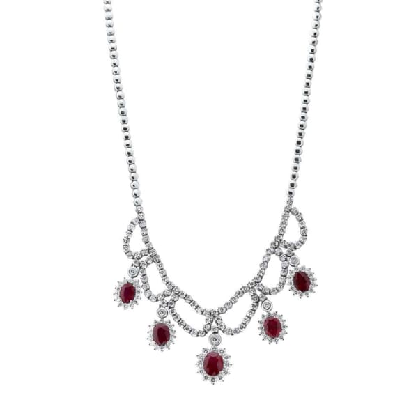 13.00ct. Ruby & 3.60ct. Diamond Necklace Set In 14K White Gold, Prong Set Round Brilliant Cut