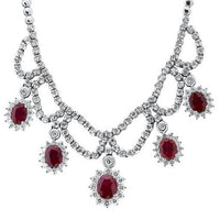13.00ct. Ruby & 3.60ct. Diamond Necklace Set In 14K White Gold, Prong Set Round Brilliant Cut