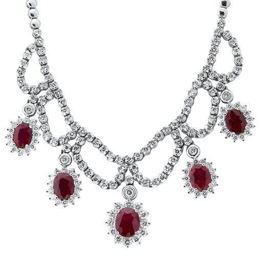 13.00ct. Ruby & 3.60ct. Diamond Necklace Set In 14K White Gold, Prong Set Round Brilliant Cut
