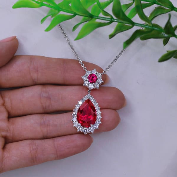 17ct. Ruby & 2.5ct. Natural Diamond Pendant Set In 14K White Gold, Pear Cut