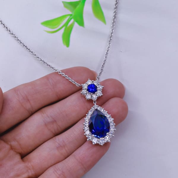 17ct. Sapphire & 2.5ct. Natural Diamond Pendant Set In 14K White Gold, Pear Cut