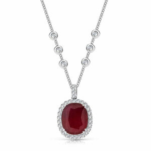 17.30ct. Ruby & 1.50ct. Diamond Necklace Set In 14K White Gold, Pave Set