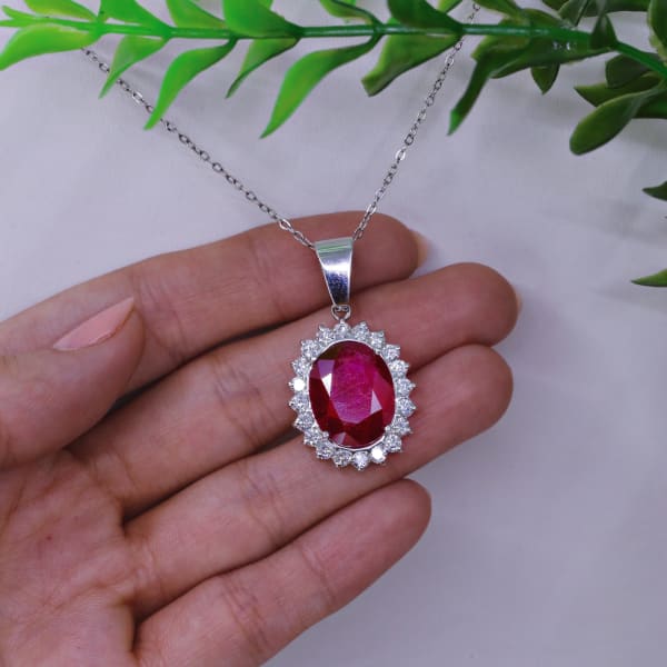 13.40ct. Ruby & 1.5ct. Natural Diamond Pendant Set In 14K White Gold