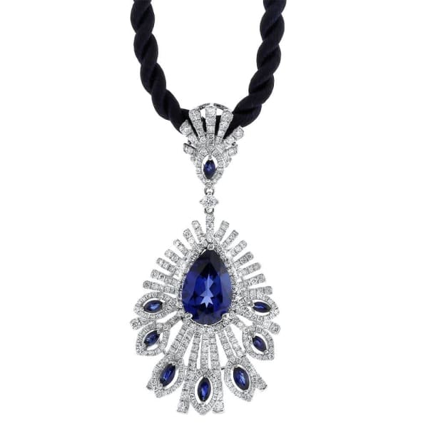 2.60ct. Diamond & 6.35ct. Sapphire Necklace Set In 14K White Gold, Round Brilliant Cut