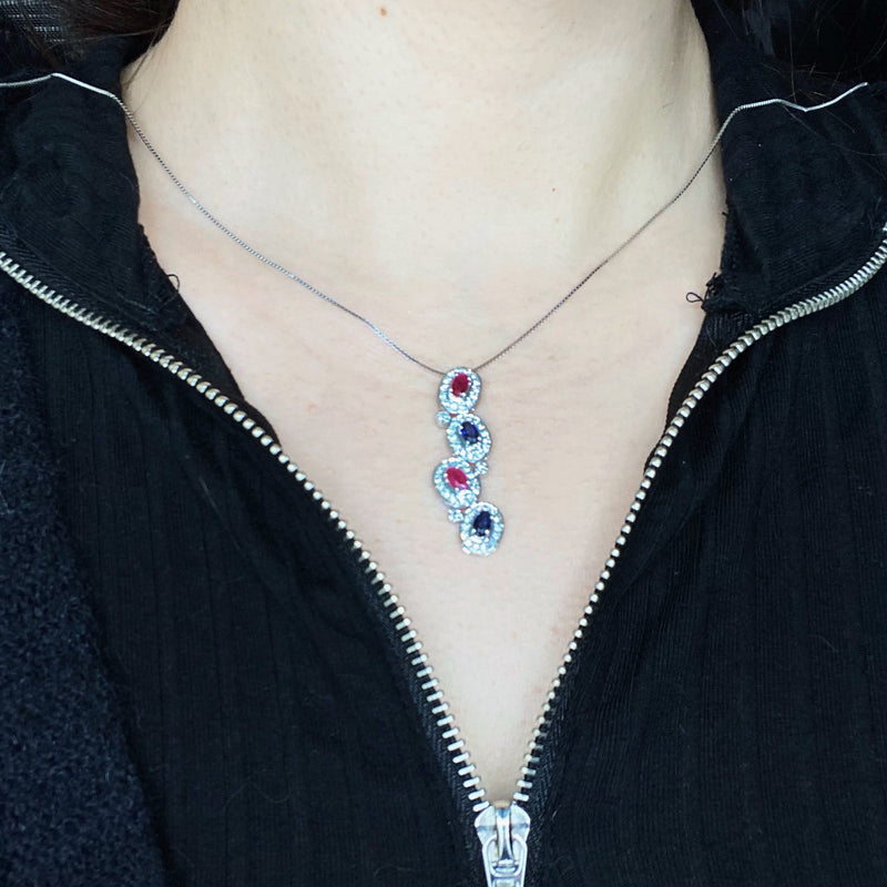 0.5ct. Sapphire Ruby Drop-Shaped Diamond Pendant Set In 14K White Gold, Pave Set Round Brilliant Cut