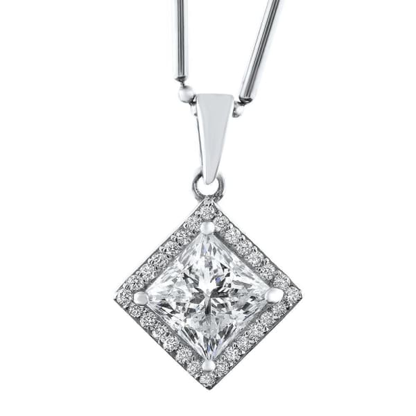 1.81ct. Halo Diamond Center Stone Pendant with 0.50ct. Side Diamonds Set In 14K White Gold, Princess Cut