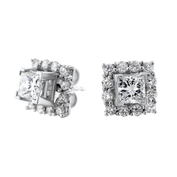 1.35ct. Diamond Stud Earrings Set In 14K White Gold, Princess Cut & Round Brilliant Cut