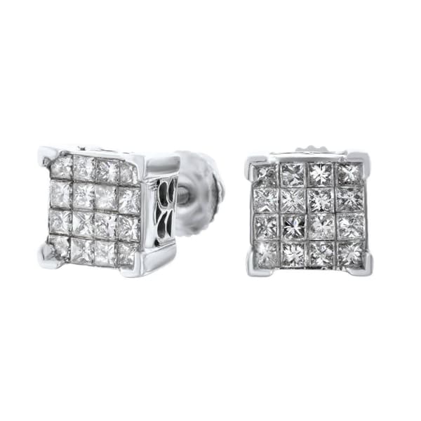 1.50ct. Diamond Stud Earrings Set In 14K White Gold, Invisible Set Princess Cut Cut