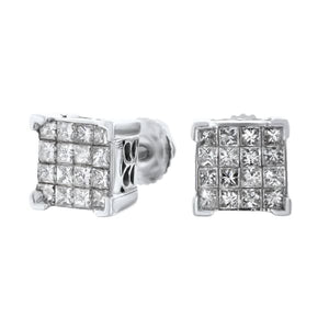 1.50ct. Diamond Stud Earrings Set In 14K White Gold, Invisible Set Princess Cut Cut