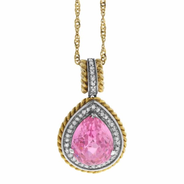 0.20ct. Diamond Necklace with Pink Amethyst Center Stone Set In 14K Yellow Gold, Pave Set Round Brilliant Cut