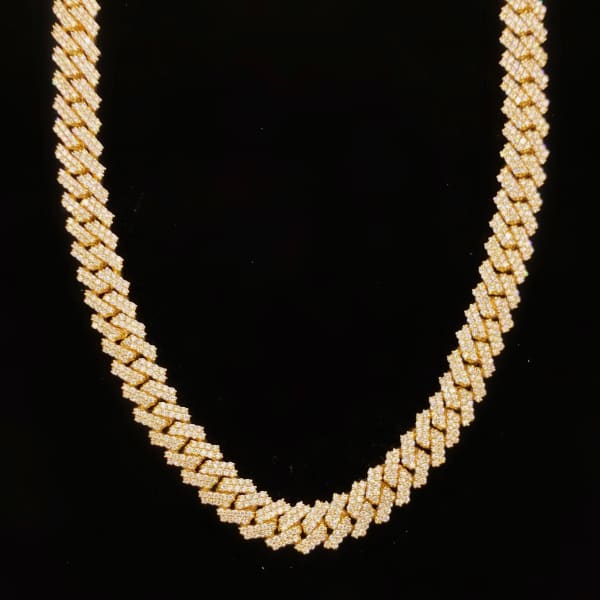 16.10ct. Natural Diamond Cuban Chain Set In 14K Yellow Gold, Round Brilliant Cut