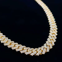 16.10ct. Natural Diamond Cuban Chain Set In 14K Yellow Gold, Round Brilliant Cut