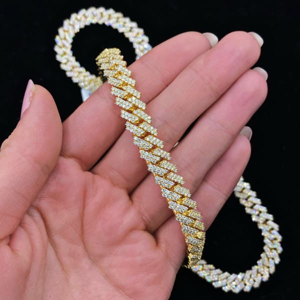 16.10ct. Natural Diamond Cuban Chain Set In 14K Yellow Gold, Round Brilliant Cut
