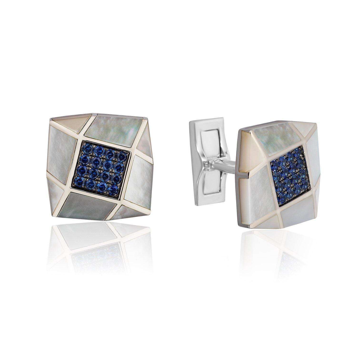 18k White Gold Cufflinks with Pinctada Maxima Set with Blue Sapphires