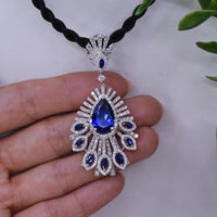 2.60ct. Diamond Necklace Set In 18K White Gold with 6.35ct. Sapphires, Round Brilliant