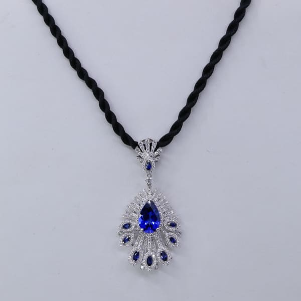 2.60ct. Diamond Necklace Set In 18K White Gold with 6.35ct. Sapphires, Round Brilliant