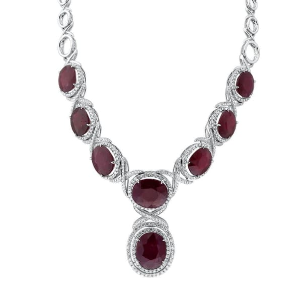 138.10ct. Ruby & 9.10ct. Diamond Necklace Set In 18K White Gold, Prong Set Round Brilliant Cut