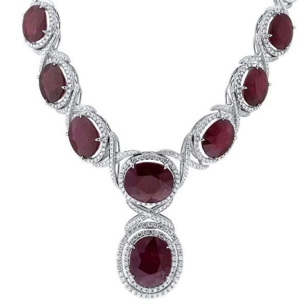 138.10ct. Ruby & 9.10ct. Diamond Necklace Set In 18K White Gold, Prong Set Round Brilliant Cut