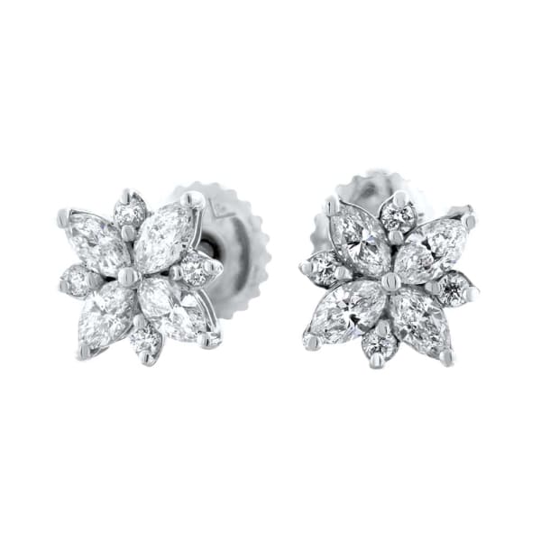0.90ct. Diamond Stud Earrings Set In 18K White Gold, Round Brilliant & Marquise Cut