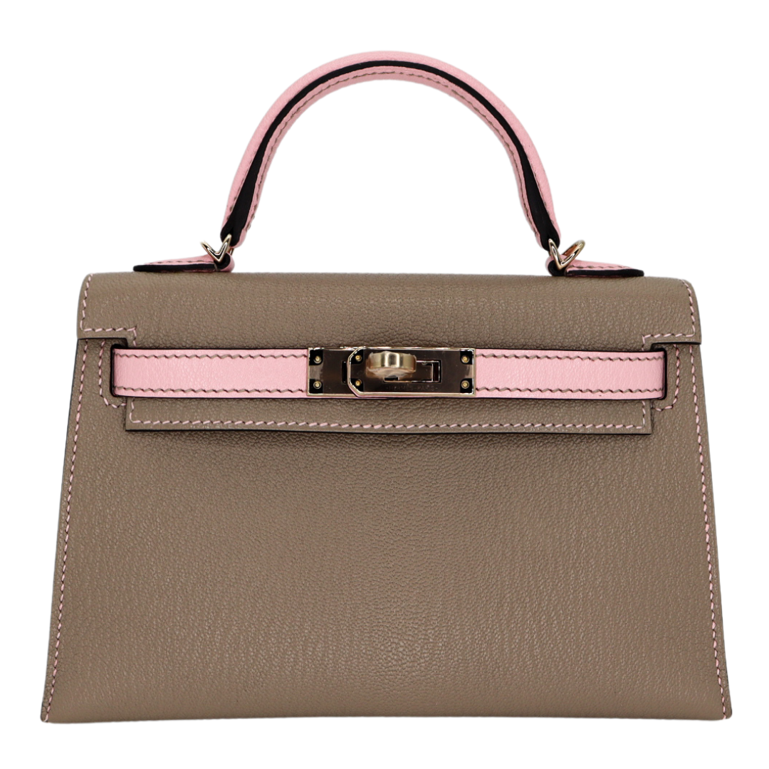 Hermès Kelly II Sellier Mini HSS Gris Tourterelle/Rose Sakura Chèvre Leather Permabrass Hardware