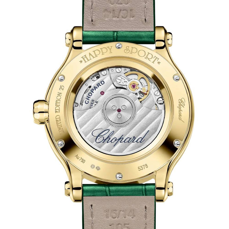 2025 Model Chopard Happy Sport 33 mm Watch - Ref: 275378-0001 - Malachite Green Dial in 18k Yellow Gold Case, Green Leather Strap