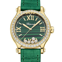 2025 Model Chopard Happy Sport 33 mm Watch - Ref: 275378-0001 - Malachite Green Dial in 18k Yellow Gold Case, Green Leather Strap