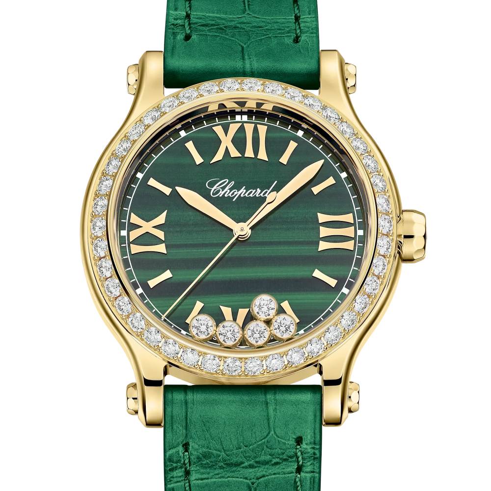 2025 Model Chopard Happy Sport 33 mm Watch - Ref: 275378-0001 - Malachite Green Dial in 18k Yellow Gold Case, Green Leather Strap