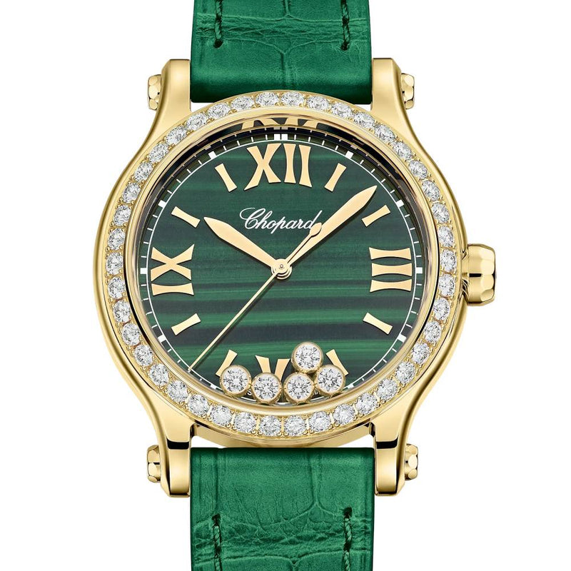 2025 Model Chopard Happy Sport 33 mm Watch - Ref: 275378-0001 - Malachite Green Dial in 18k Yellow Gold Case, Green Leather Strap