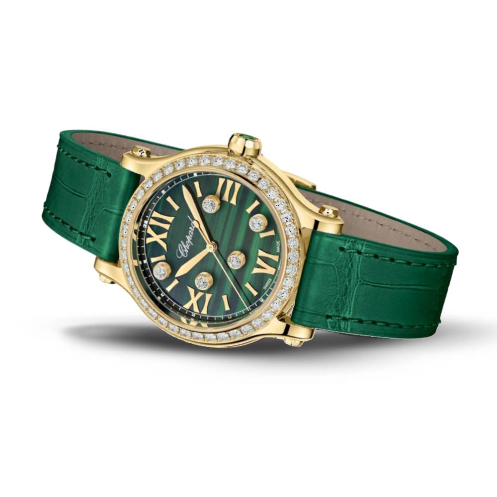 2025 Model Chopard Happy Sport 33 mm Watch - Ref: 275378-0001 - Malachite Green Dial in 18k Yellow Gold Case, Green Leather Strap