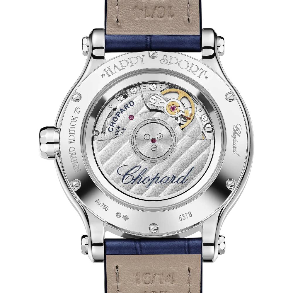 2025 Model Chopard Happy Sport 33 mm Watch - Ref: 275378-1003 - Blue Roman Dial in 18k White Gold Case, Blue Leather