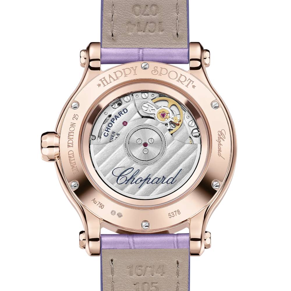 2025 Model Chopard Happy Sport 33 mm Watch - Ref: 275378-5010 - Lepidolite Violet Dial in 18k Rose Gold Case, Violet Leather Strap