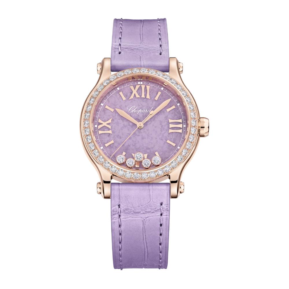 2025 Model Chopard Happy Sport 33 mm Watch - Ref: 275378-5010 - Lepidolite Violet Dial in 18k Rose Gold Case, Violet Leather Strap