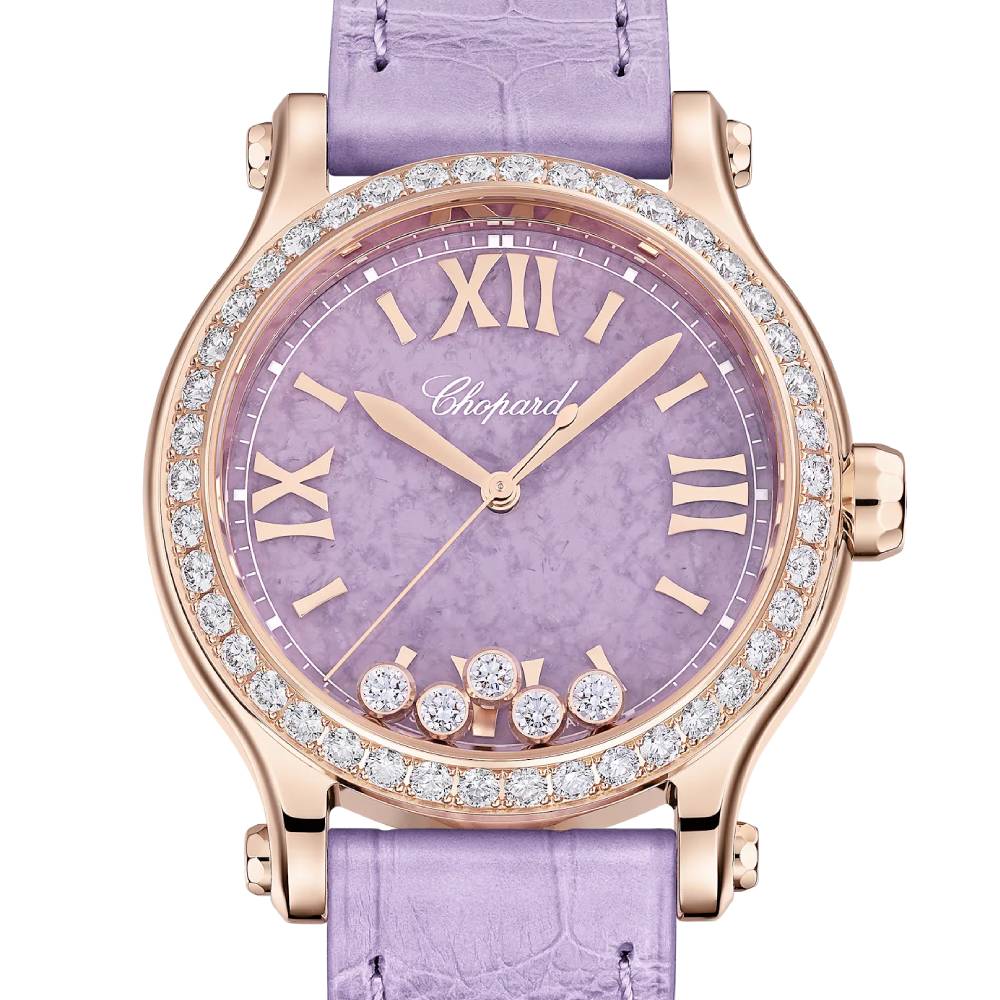 2025 Model Chopard Happy Sport 33 mm Watch - Ref: 275378-5010 - Lepidolite Violet Dial in 18k Rose Gold Case, Violet Leather Strap