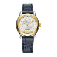 2025 Model Chopard Happy Sport 33 mm Watch - Ref: 278608-4001 - Silver Dial in 18k Yellow Gold Case, Blue Leather Strap
