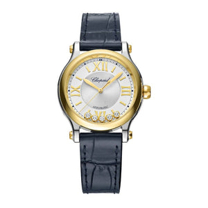 2025 Model Chopard Happy Sport 33 mm Watch - Ref: 278608-4001 - Silver Dial in 18k Yellow Gold Case, Blue Leather Strap