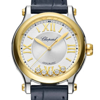 2025 Model Chopard Happy Sport 33 mm Watch - Ref: 278608-4001 - Silver Dial in 18k Yellow Gold Case, Blue Leather Strap