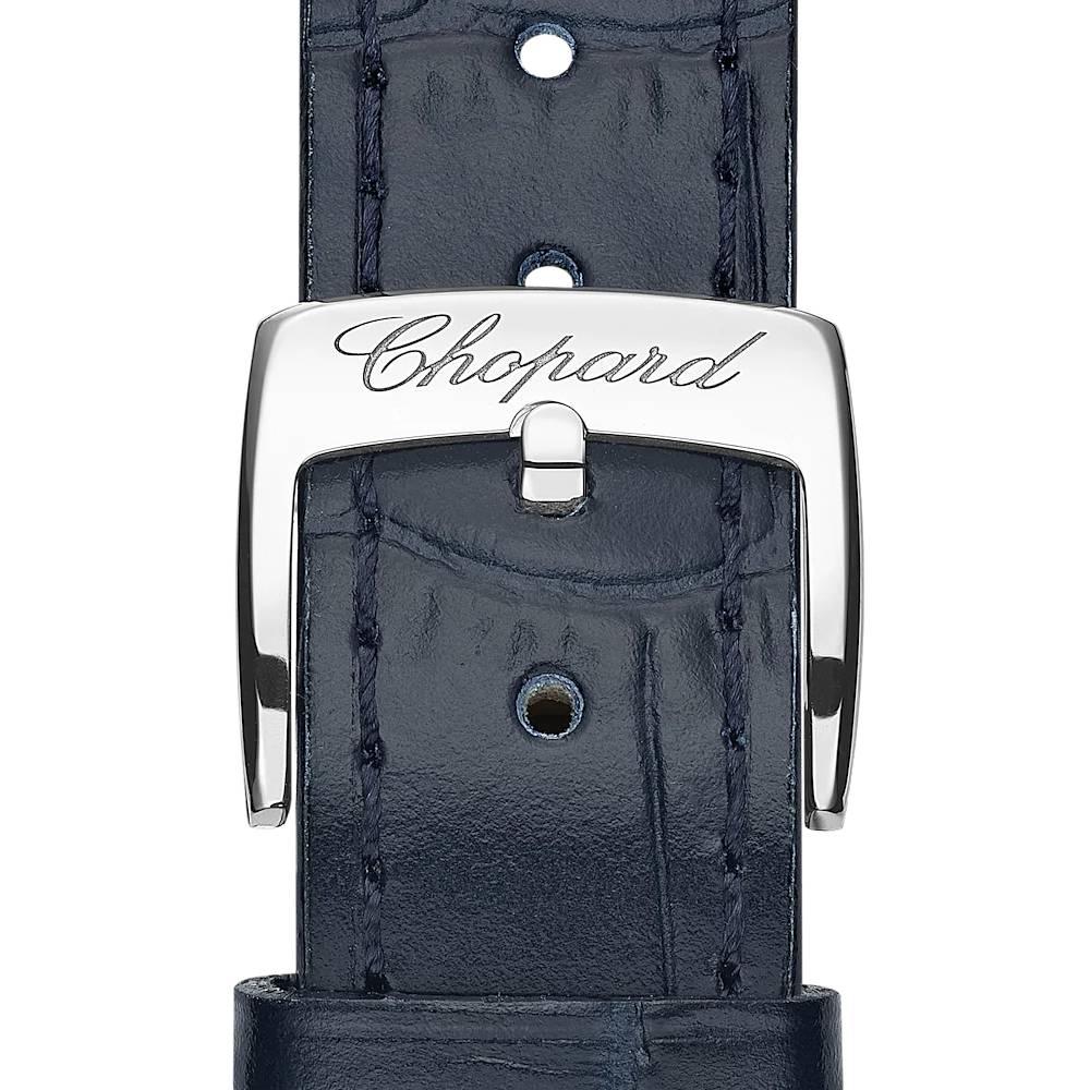 2025 Model Chopard Happy Sport 36 mm Watch - Ref: 278559-4001 - White Dial in 18k Yellow Gold & Stainless Steel Case, Blue Leather Strap