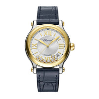 2025 Model Chopard Happy Sport 36 mm Watch - Ref: 278559-4001 - White Dial in 18k Yellow Gold & Stainless Steel Case, Blue Leather Strap