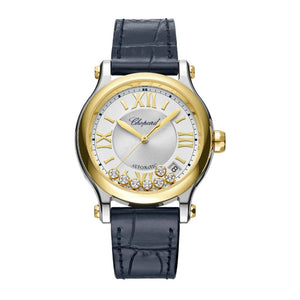 2025 Model Chopard Happy Sport 36 mm Watch - Ref: 278559-4001 - White Dial in 18k Yellow Gold & Stainless Steel Case, Blue Leather Strap