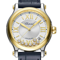2025 Model Chopard Happy Sport 36 mm Watch - Ref: 278559-4001 - White Dial in 18k Yellow Gold & Stainless Steel Case, Blue Leather Strap