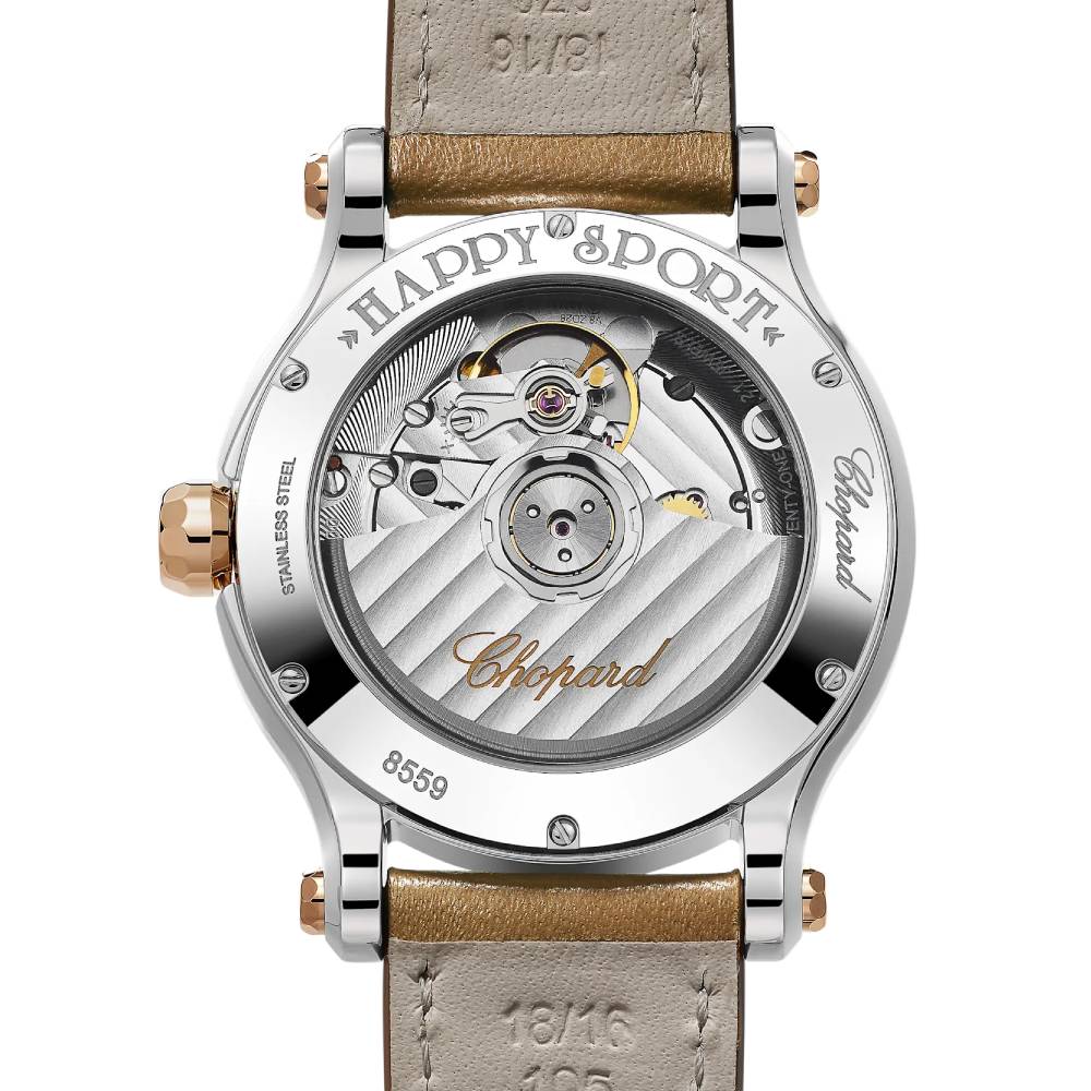2025 Model Chopard Happy Sport 36 mm Watch - Ref: 278559-6028 -  Khaki Green Dial in  18k Rose Gold and Stainless Steel Case, Brown Calfskin Leather
