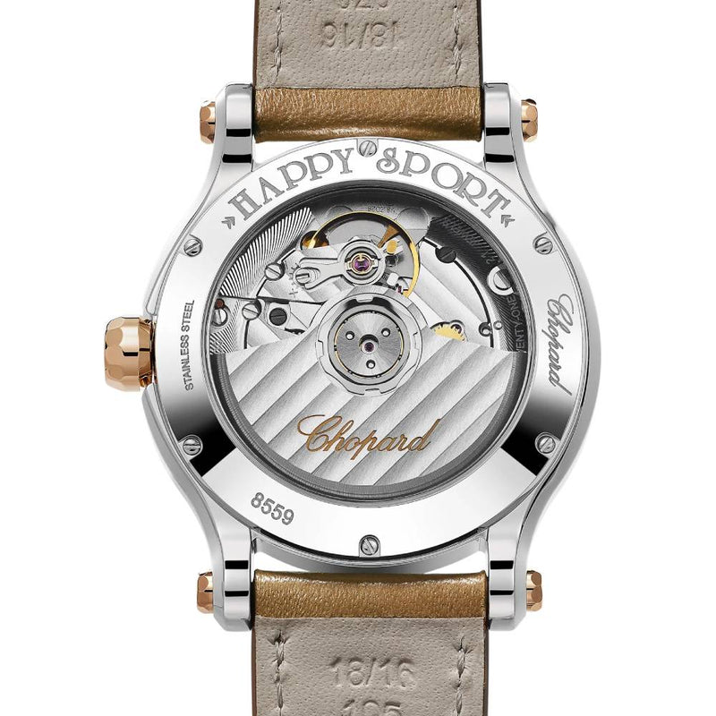 2025 Model Chopard Happy Sport 36 mm Watch - Ref: 278559-6028 -  Khaki Green Dial in  18k Rose Gold and Stainless Steel Case, Brown Calfskin Leather