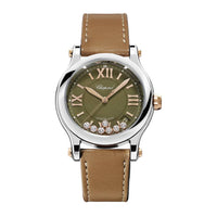 2025 Model Chopard Happy Sport 36 mm Watch - Ref: 278559-6028 -  Khaki Green Dial in  18k Rose Gold and Stainless Steel Case, Brown Calfskin Leather