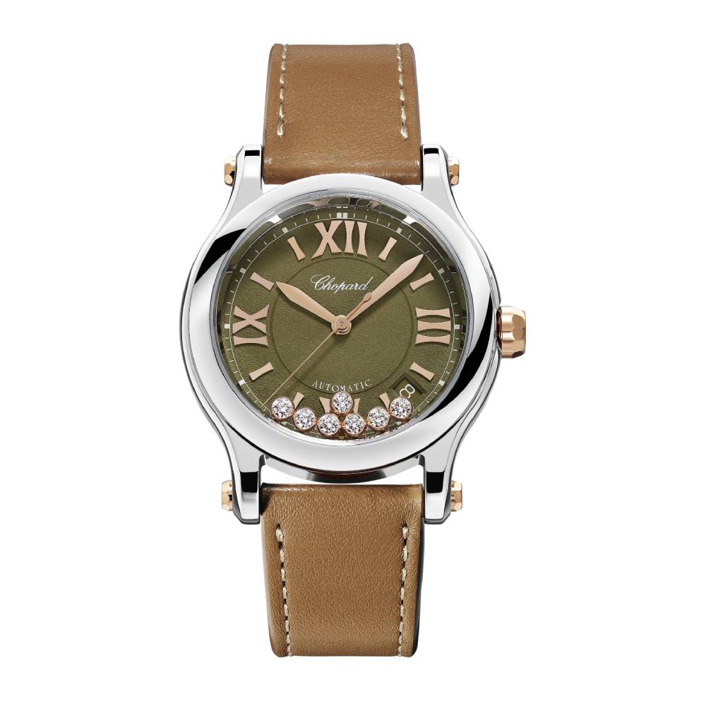 2025 Model Chopard Happy Sport 36 mm Watch - Ref: 278559-6028 -  Khaki Green Dial in  18k Rose Gold and Stainless Steel Case, Brown Calfskin Leather